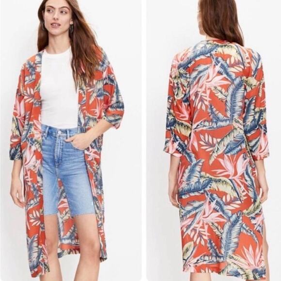 LOFT Tops - NWT LOFT orange meadow flower tropical long kimono size M/L resort cruise
